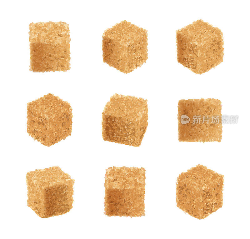 Raw Brown Cane Sugar Cubes Isolated on White Background